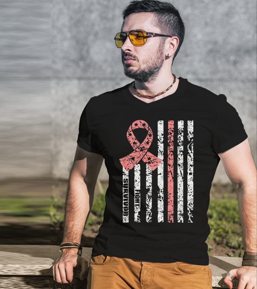 Cool Uterine Cancer Awareness Survivor Fight Ribbon Flag T-Shirt