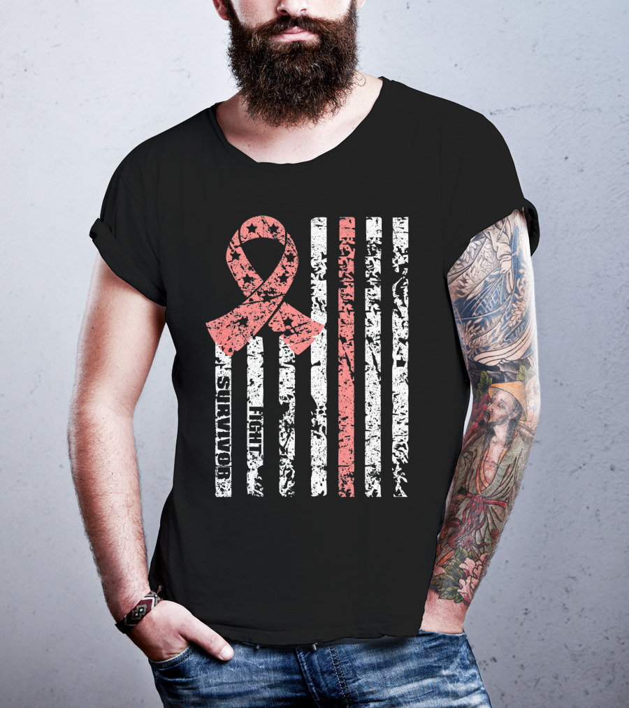 Cool Uterine Cancer Awareness Survivor Fight Ribbon Flag T-Shirt