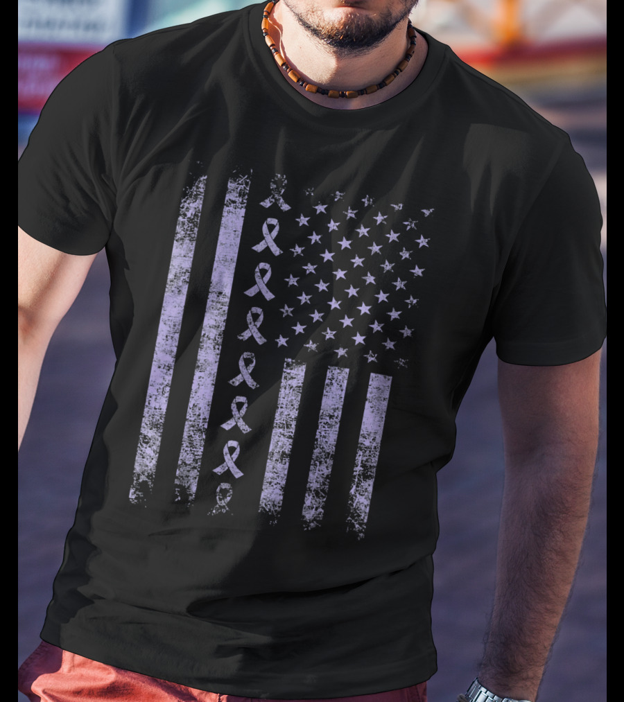Orchid Testicular Cancer Awareness Purple Ribbon US Flag T-Shirt