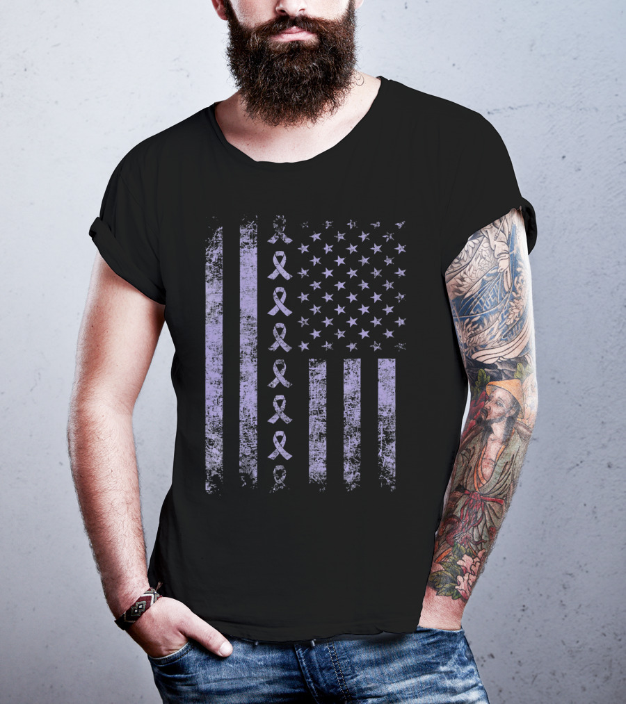 Orchid Testicular Cancer Awareness Purple Ribbon US Flag T-Shirt