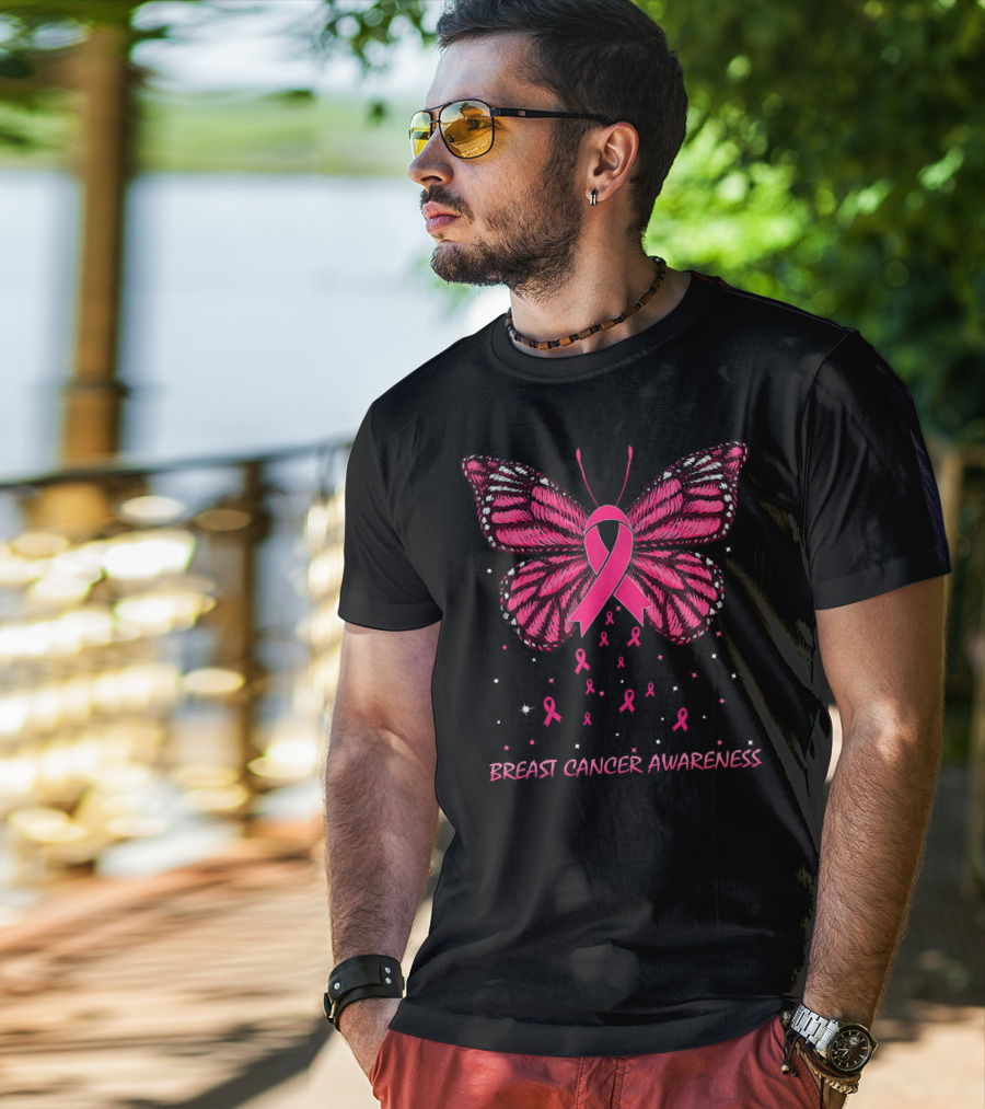 Breast Cancer Awareness Butterfly Ribbon And Stars T-Shirt