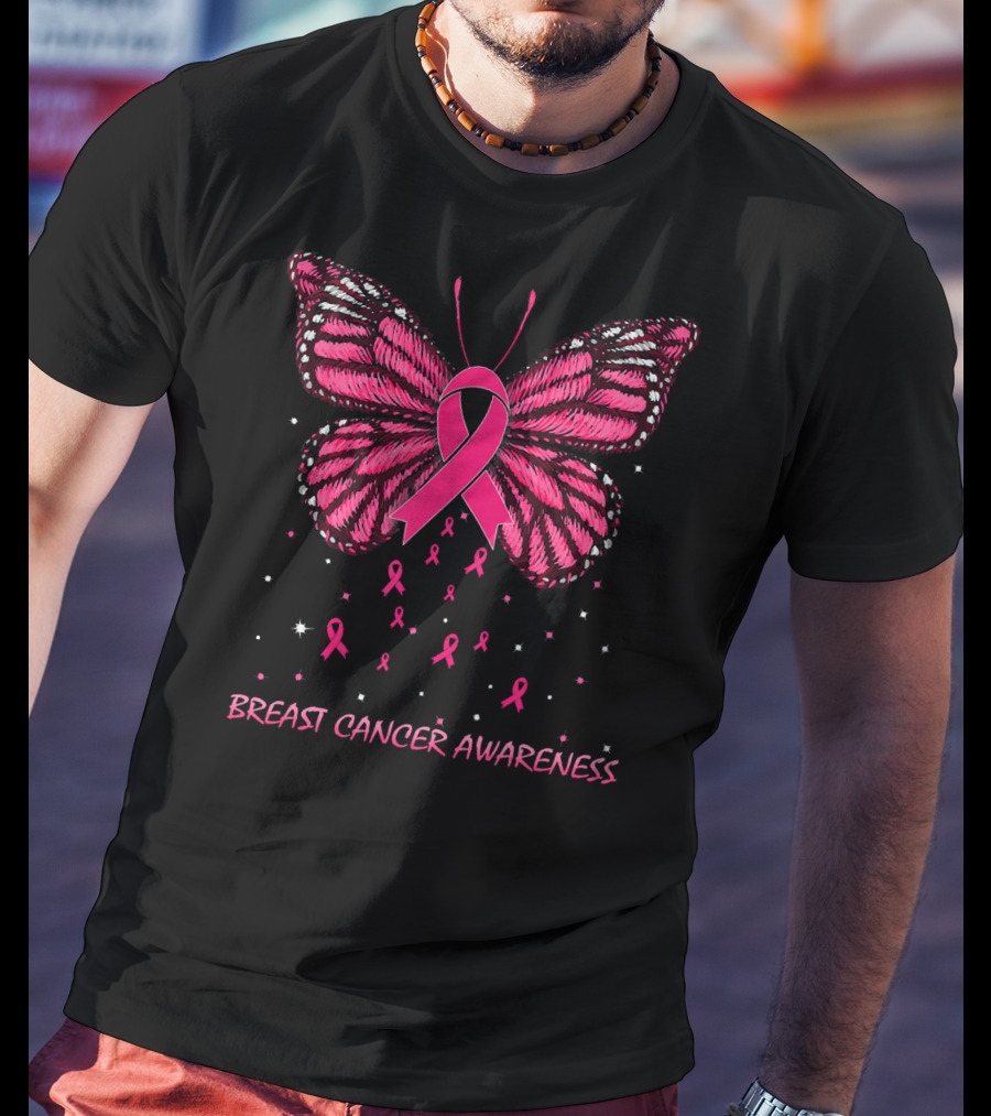 Breast Cancer Awareness Butterfly Ribbon And Stars T-Shirt