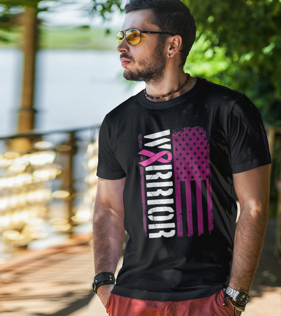WARRIOR Breast Cancer Awareness Pink Ribbon American Flag T-Shirt