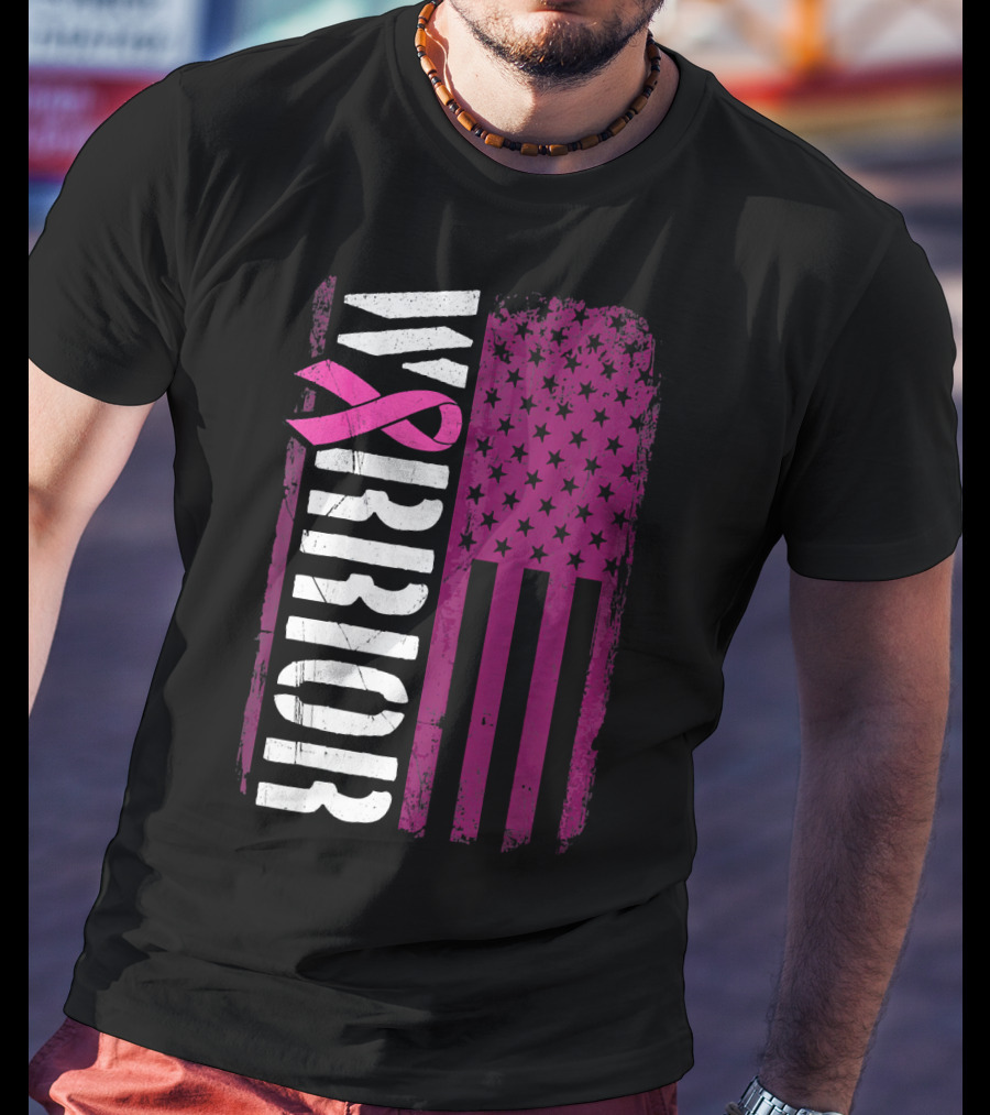 WARRIOR Breast Cancer Awareness Pink Ribbon American Flag T-Shirt