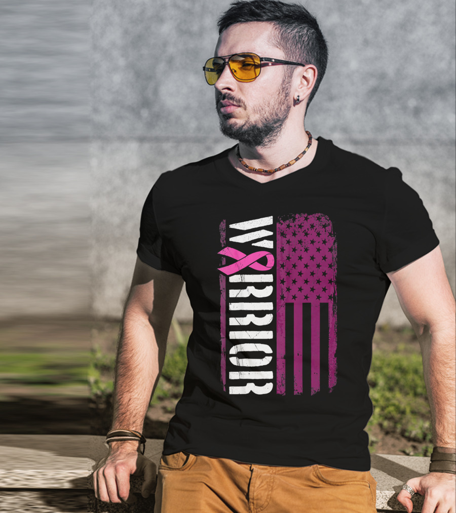 WARRIOR Breast Cancer Awareness Pink Ribbon American Flag T-Shirt