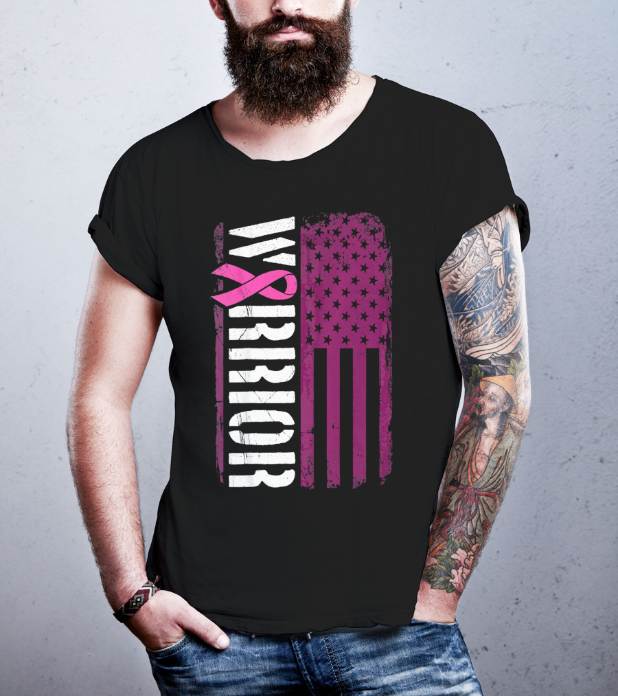 WARRIOR Breast Cancer Awareness Pink Ribbon American Flag T-Shirt