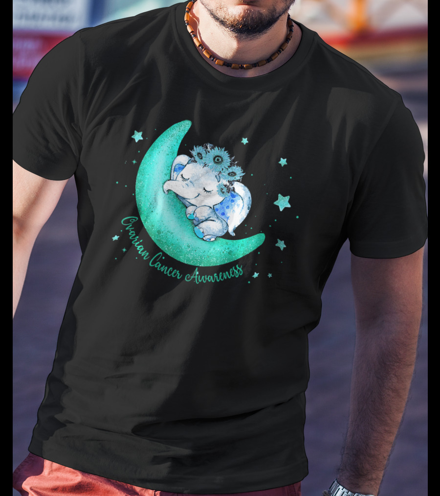 Ovarian Cancer Awareness Cute Elephant On The Moon T-Shirt