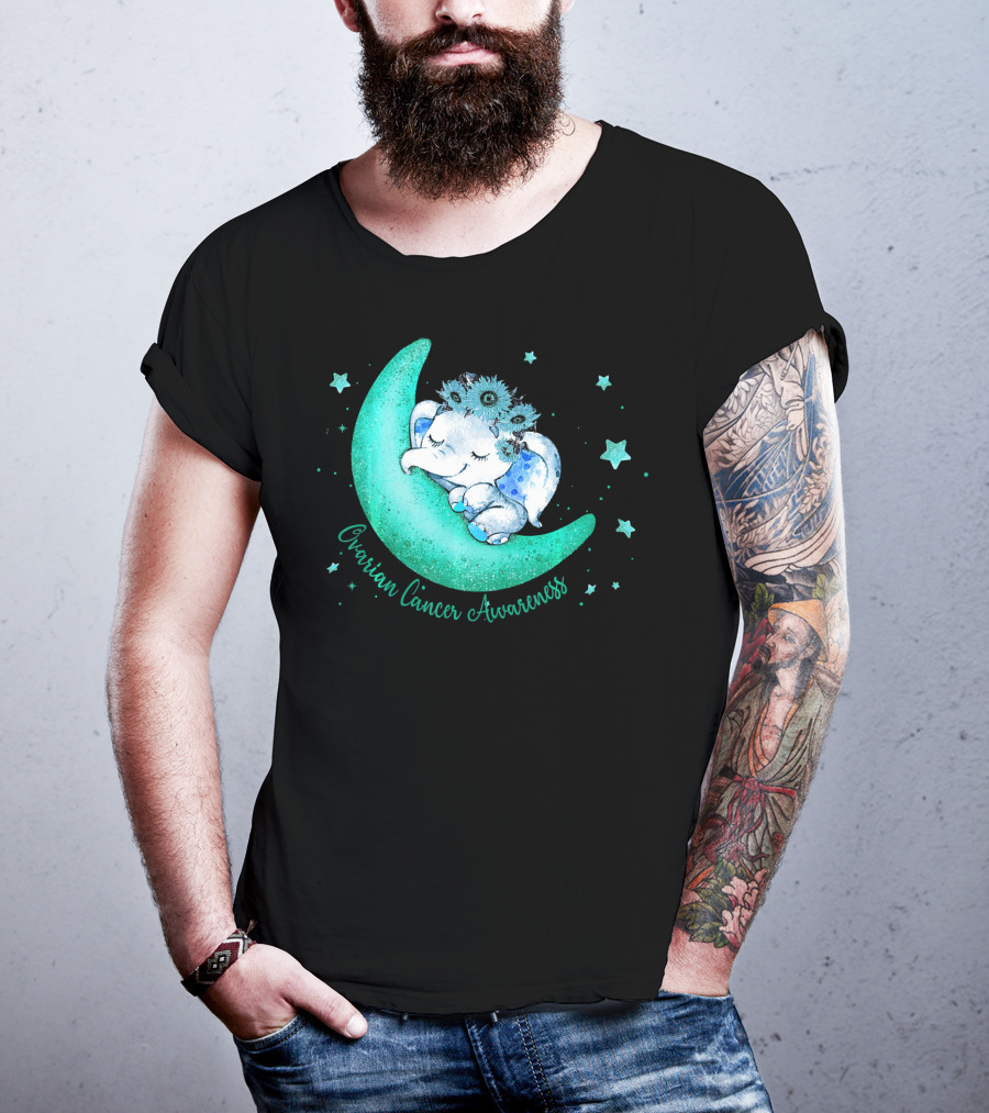 Ovarian Cancer Awareness Cute Elephant On The Moon T-Shirt
