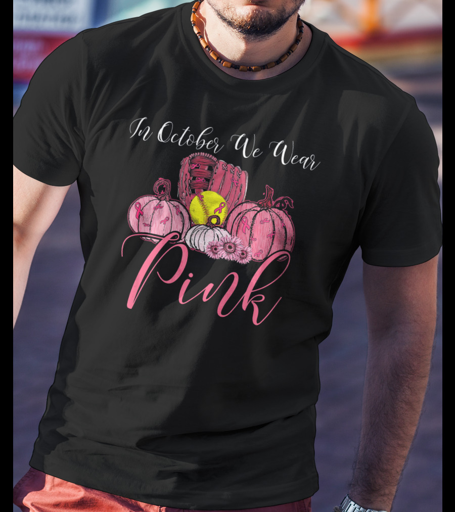 In October We Wear Pink Softball Pumpkin Breast Cancer Awareness T-Shirt