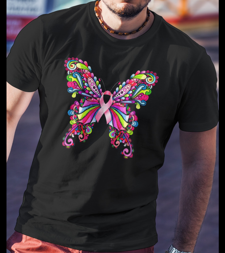 Colorful Hippie Butterfly Breast Cancer Awareness T-Shirt