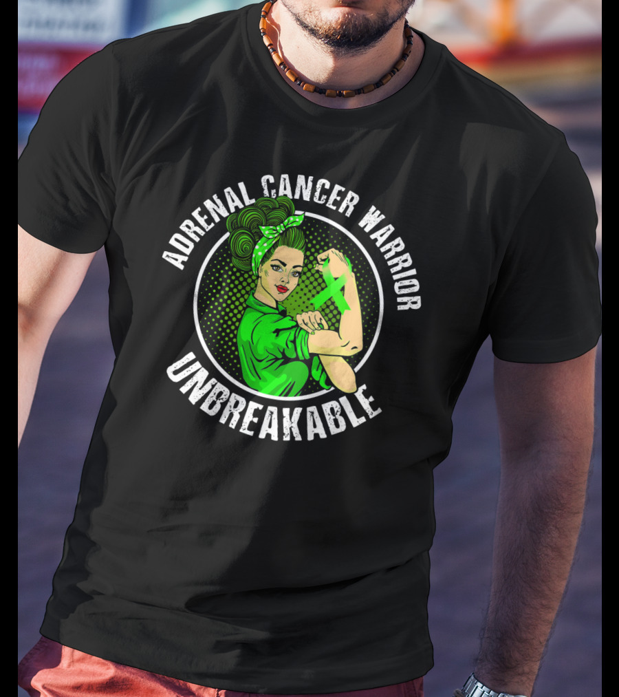 Adrenal Cancer Warrior Unbreakable Rosie The Riveter Green T-Shirt