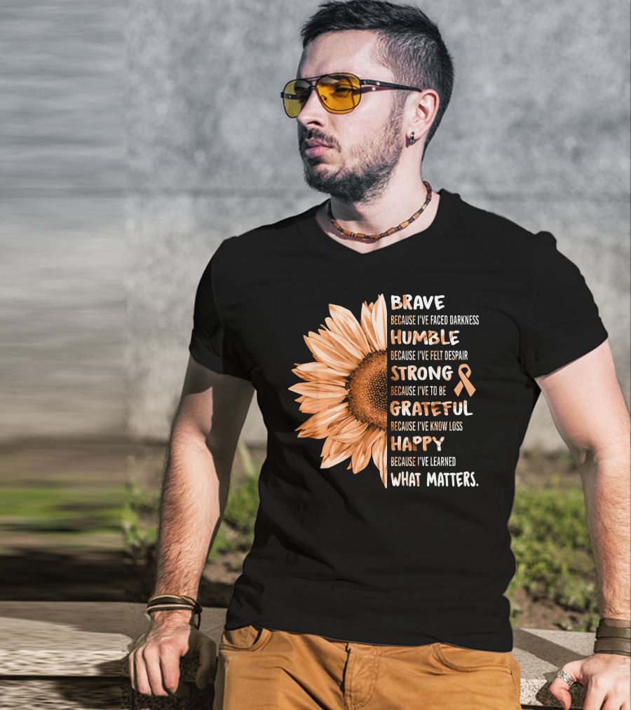 Brave Humble Strong Grateful Happy Sunflower Peach Ribbon Uterine Cancer T-Shirt