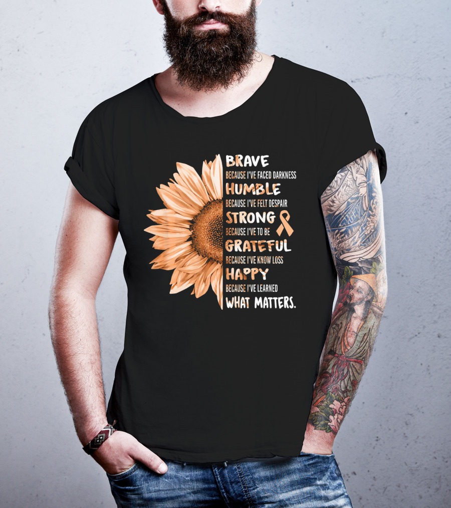 Brave Humble Strong Grateful Happy Sunflower Peach Ribbon Uterine Cancer T-Shirt