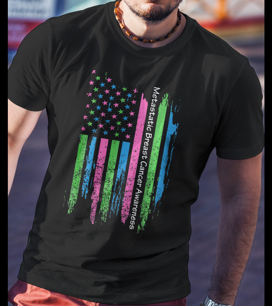 Vintage USA Flag Ribbon Metastatic Breast Cancer Awareness T-Shirt