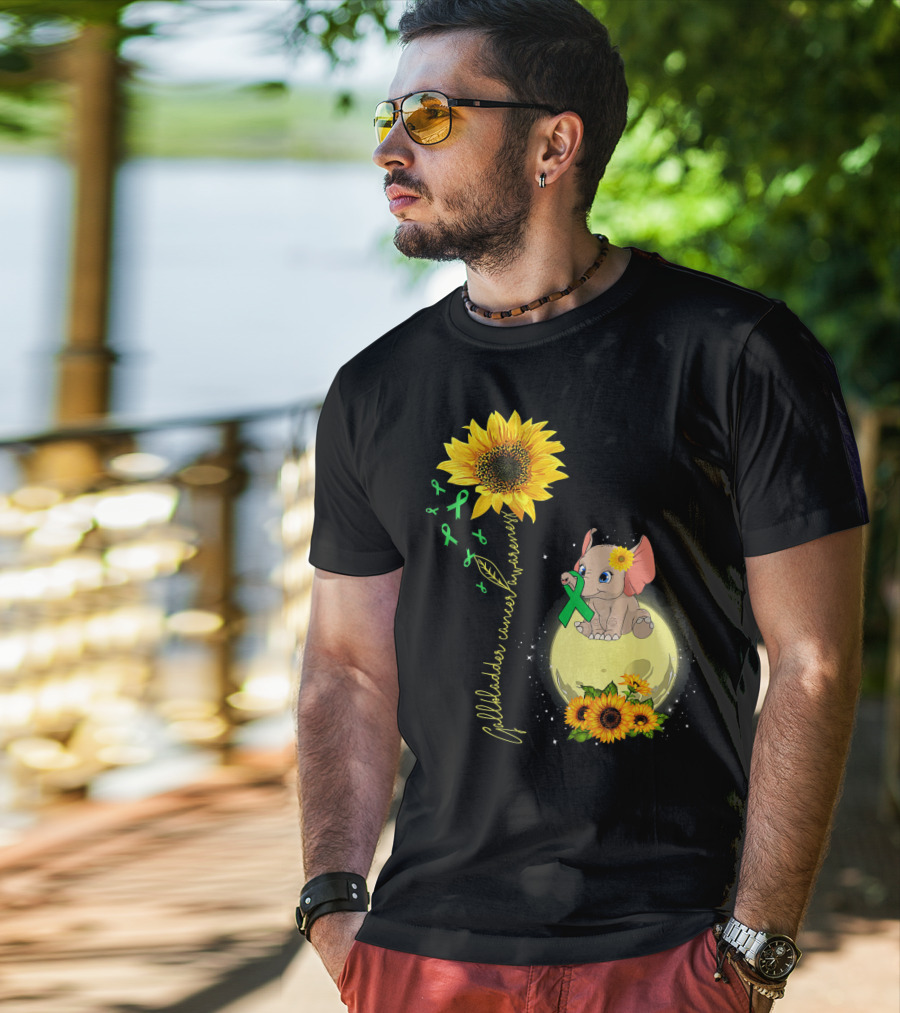 Gallbladder Cancer Awareness Elephant With Sunflowers And Green T-Shirt