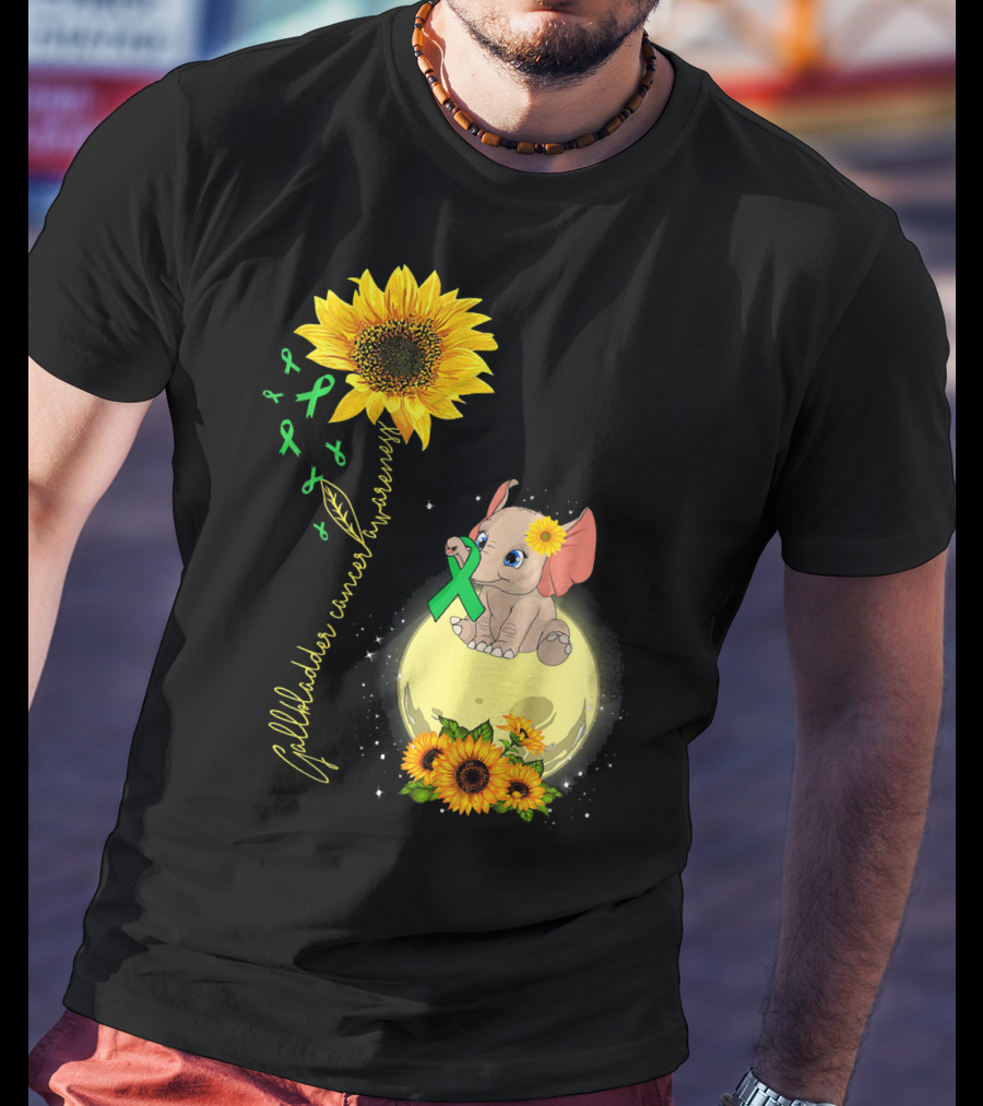 Gallbladder Cancer Awareness Elephant With Sunflowers And Green T-Shirt