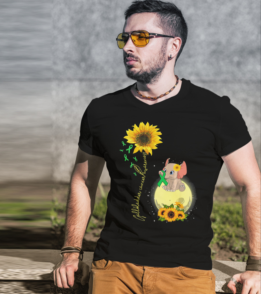 Gallbladder Cancer Awareness Elephant With Sunflowers And Green T-Shirt