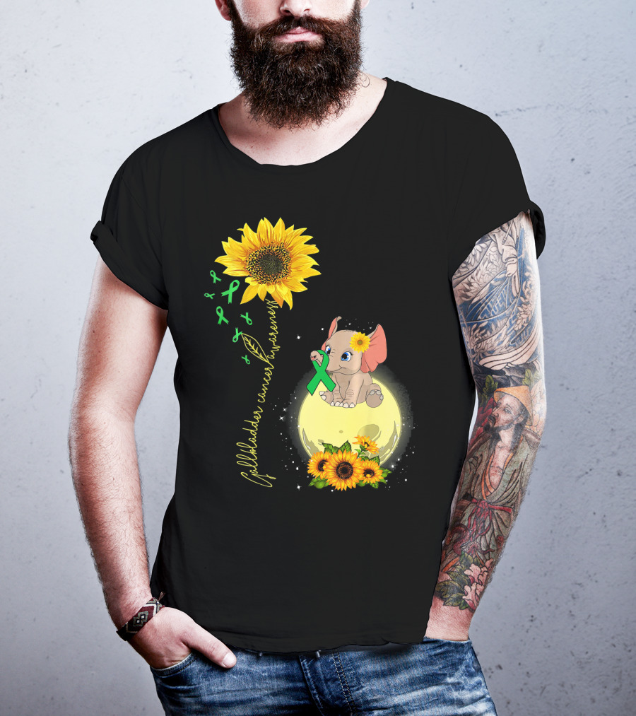 Gallbladder Cancer Awareness Elephant With Sunflowers And Green T-Shirt
