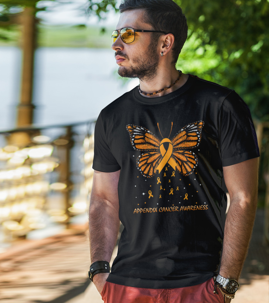 Appendix Cancer Awareness Orange Ribbon Butterfly T-Shirt