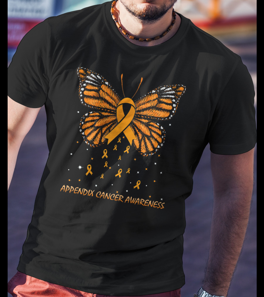 Appendix Cancer Awareness Orange Ribbon Butterfly T-Shirt