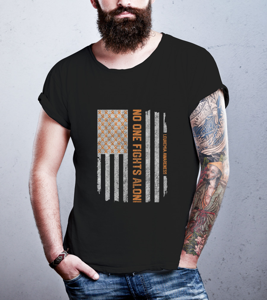 Vintage Leukemia Awareness No One Fights Alone Americ Flags T-Shirt