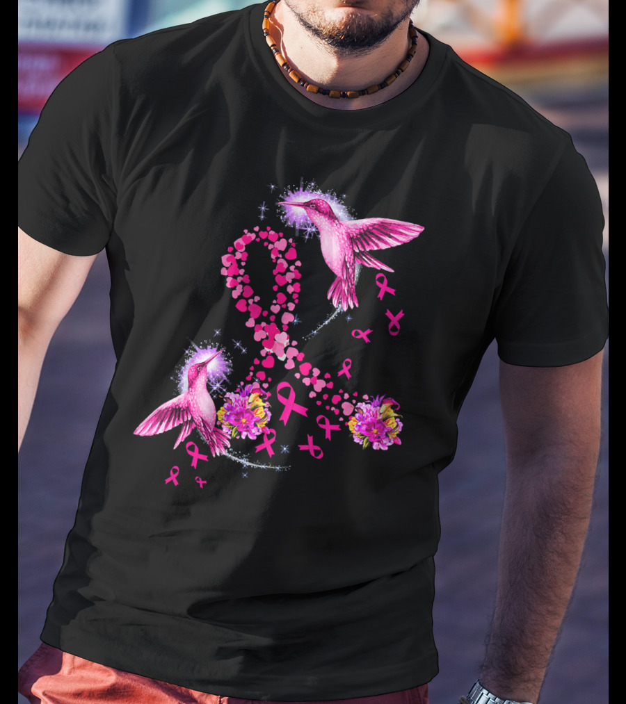 Hummingbird Heart Pink Ribbon Breast Cancer Awareness Flowers T-Shirt