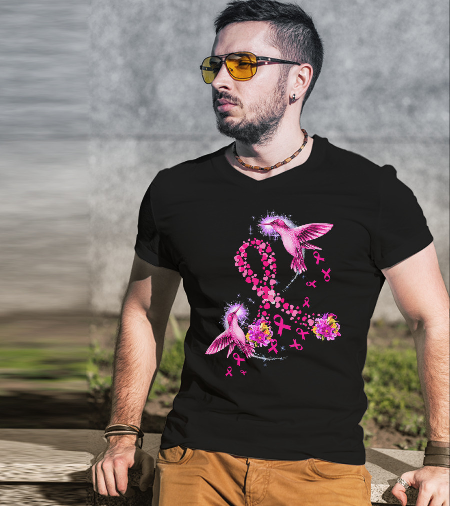 Hummingbird Heart Pink Ribbon Breast Cancer Awareness Flowers T-Shirt