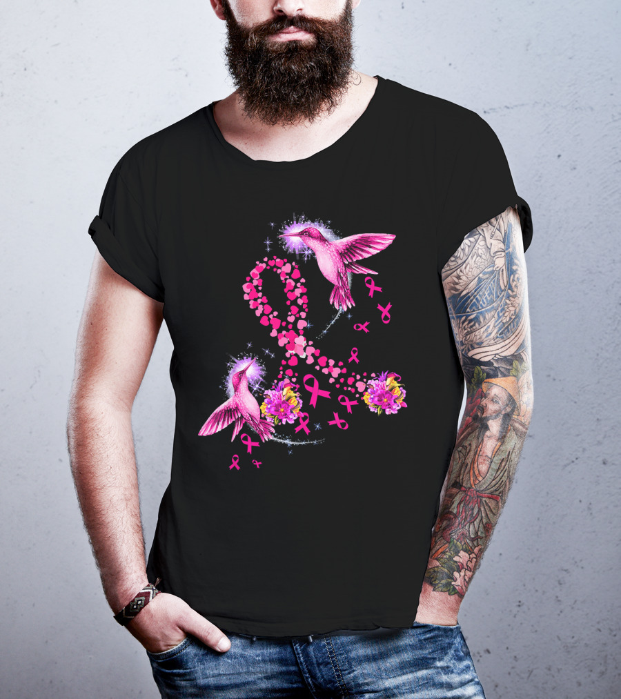 Hummingbird Heart Pink Ribbon Breast Cancer Awareness Flowers T-Shirt