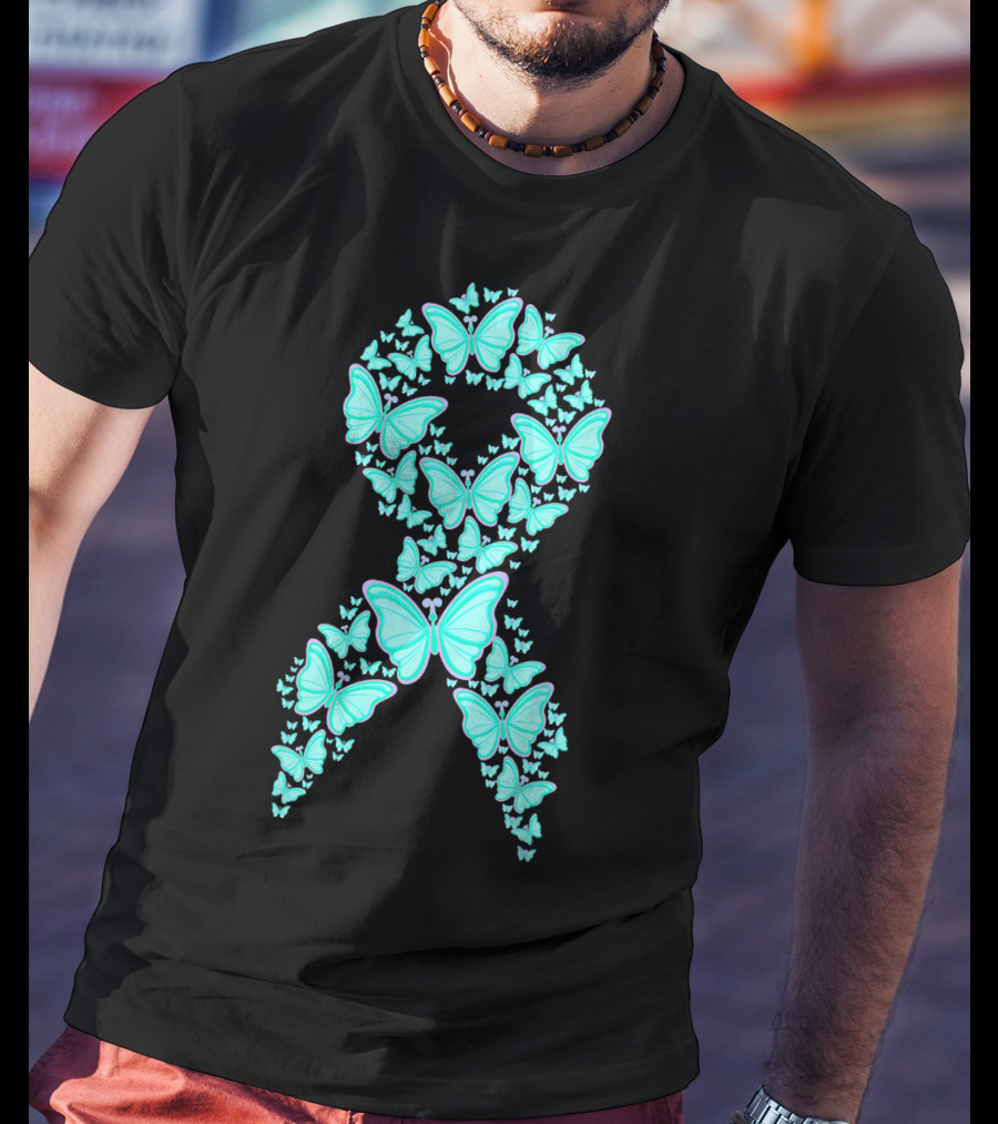 Ovarian Cancer Awareness Butterfly Ribbon Fighter T-Shirt