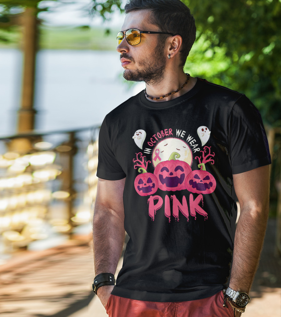In October We Wear Pink Pumpkin With Ghosts And Moon T-Shirt