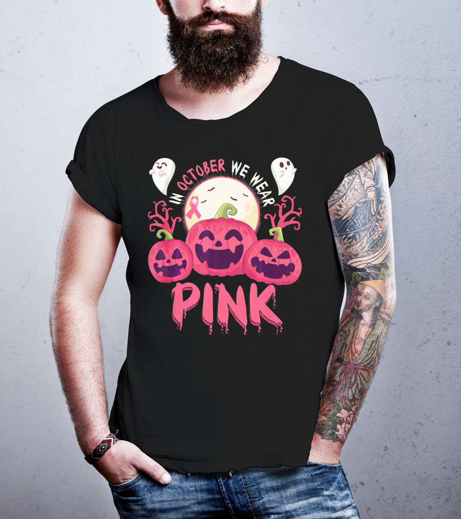 In October We Wear Pink Pumpkin With Ghosts And Moon T-Shirt