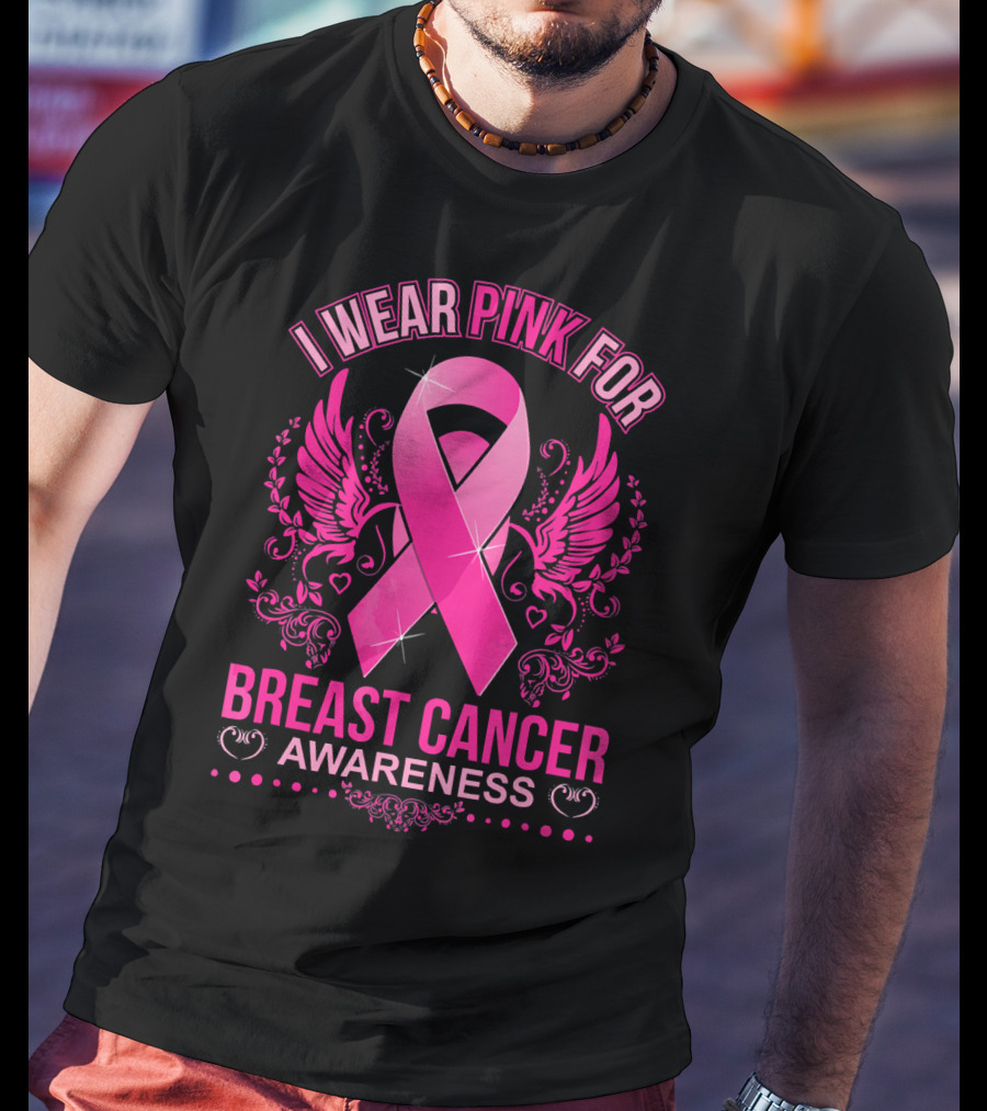 I Wear Pink For Breast Cancer Awareness Ribbon And Wings T-Shirt