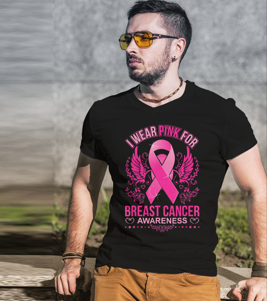 I Wear Pink For Breast Cancer Awareness Ribbon And Wings T-Shirt