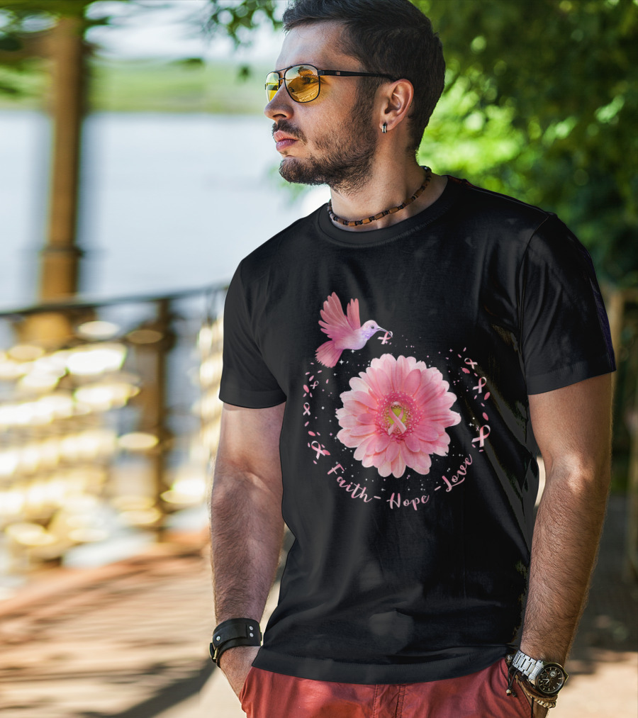Faith Hope Love Pink Ribbon Hummingbird Daisy T-Shirt