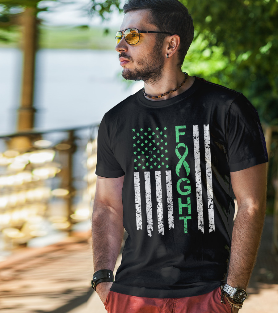 Liver Cancer Awareness Green Ribbon Fight American Flag T-Shirt