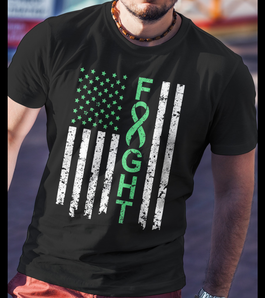Liver Cancer Awareness Green Ribbon Fight American Flag T-Shirt