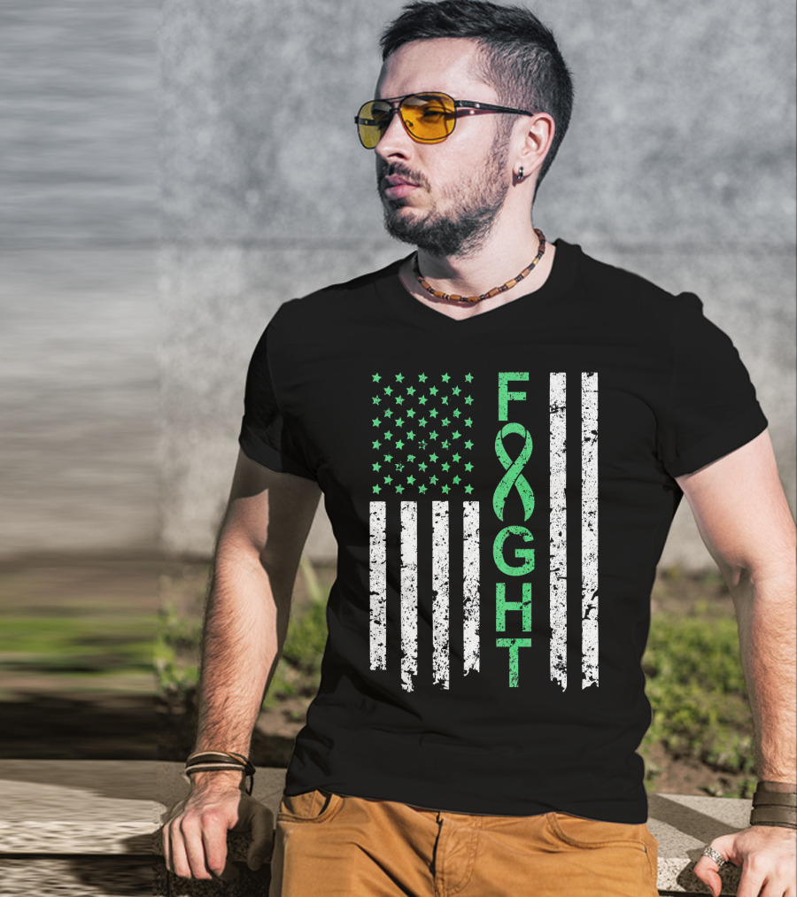 Liver Cancer Awareness Green Ribbon Fight American Flag T-Shirt