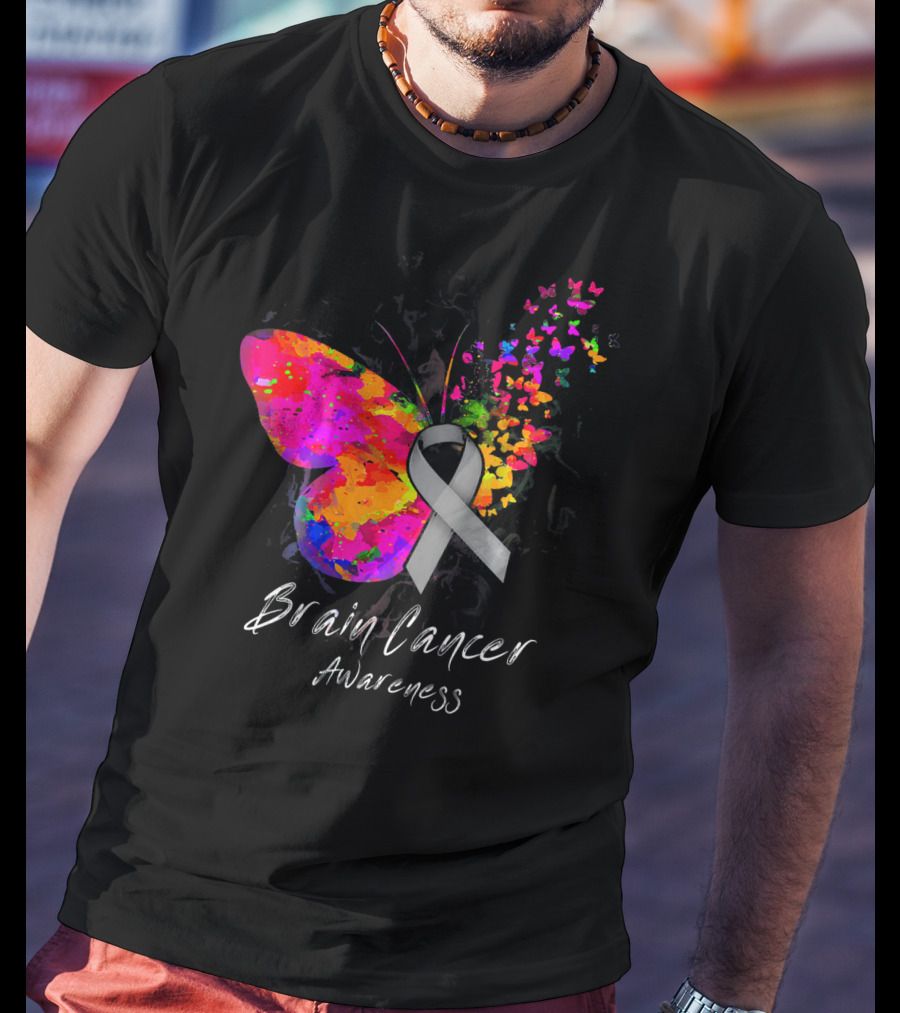 Brain Cancer Awareness Butterfly With Gray Ribbon And Colorful Wing Motif T-Shirt