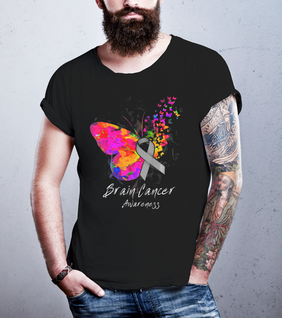 Brain Cancer Awareness Butterfly With Gray Ribbon And Colorful Wing Motif T-Shirt