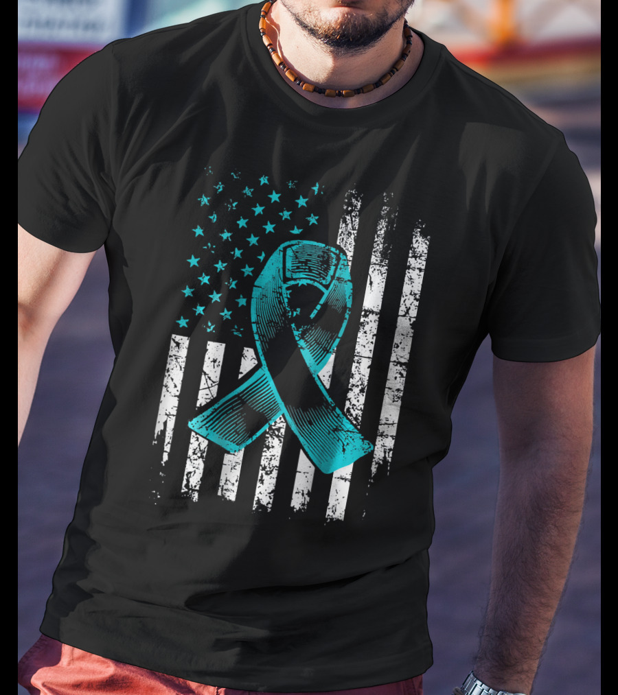 Fighting Flag Ovarian Cancer Awareness With Teal Ribbon And American T-Shirt