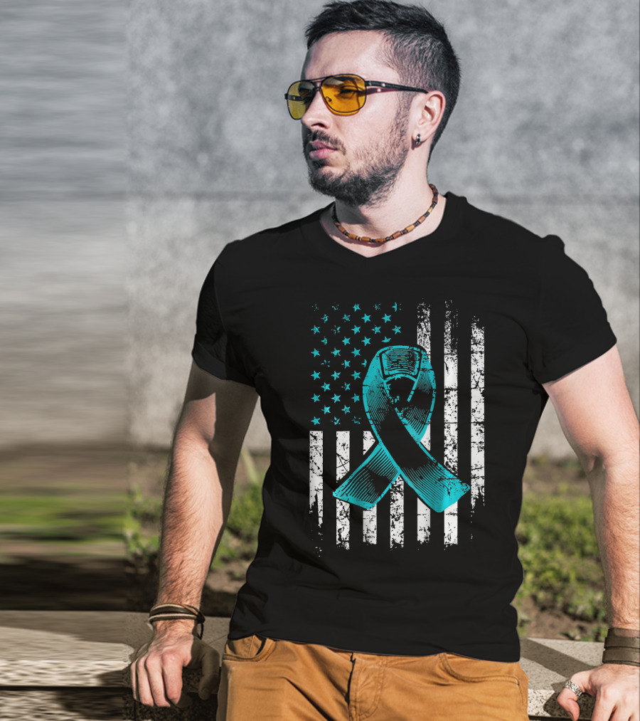 Fighting Flag Ovarian Cancer Awareness With Teal Ribbon And American T-Shirt