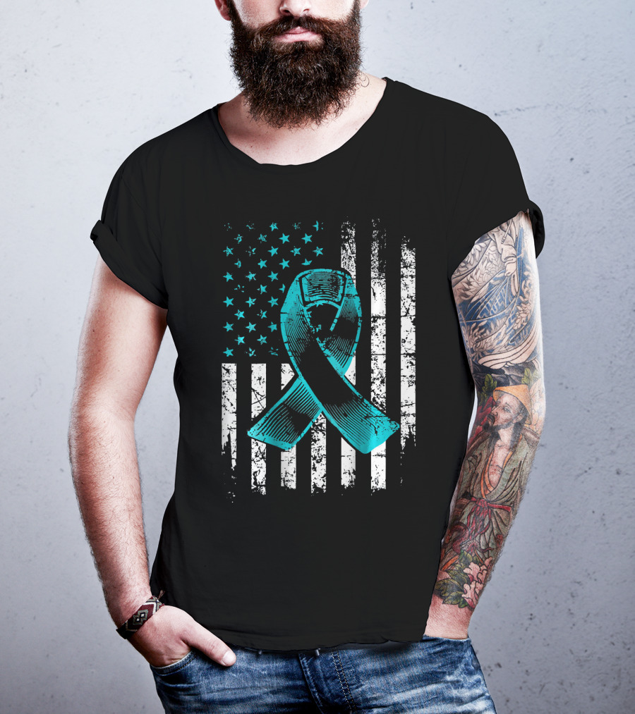 Fighting Flag Ovarian Cancer Awareness With Teal Ribbon And American T-Shirt