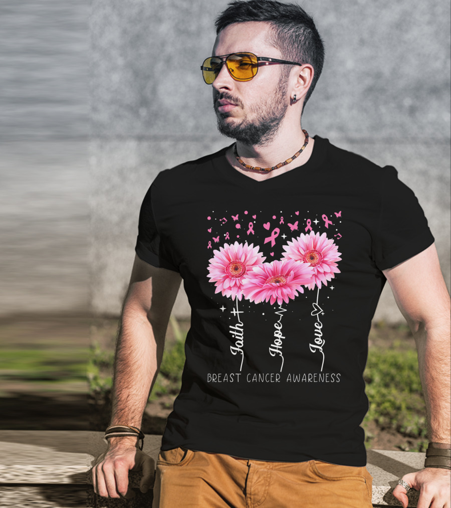 Faith Hope Love Breast Cancer Awareness Cute Daisy T-Shirt
