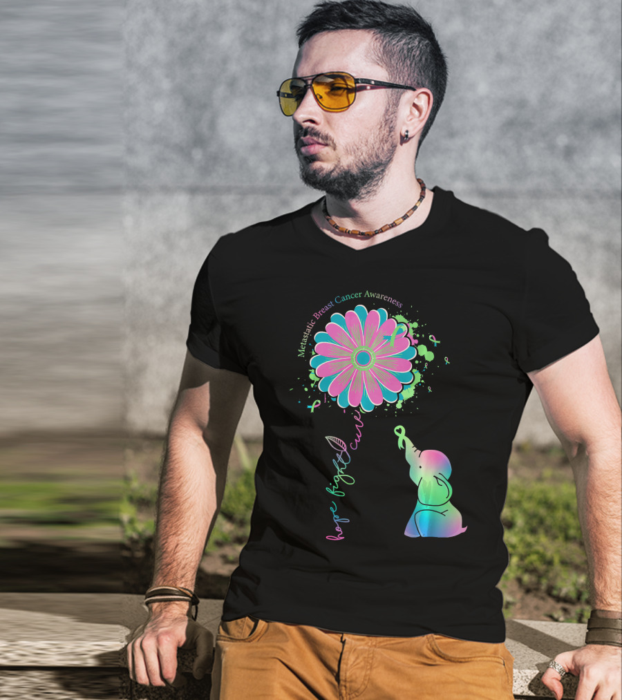 Metastatic Breast Cancer Awareness Hope Fight Cure Elephant Daisy Flower T-Shirt
