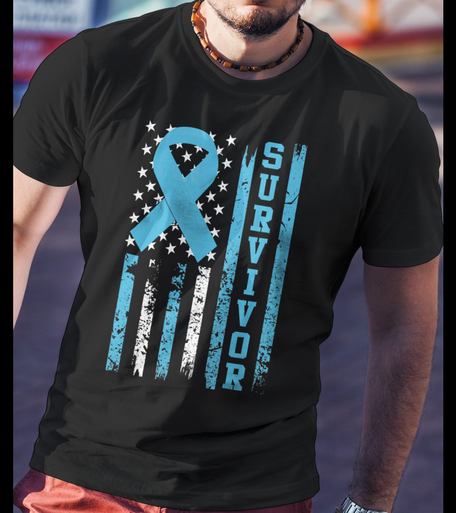Survivor Blue Ribbon American Flag Prostate Cancer T-Shirt