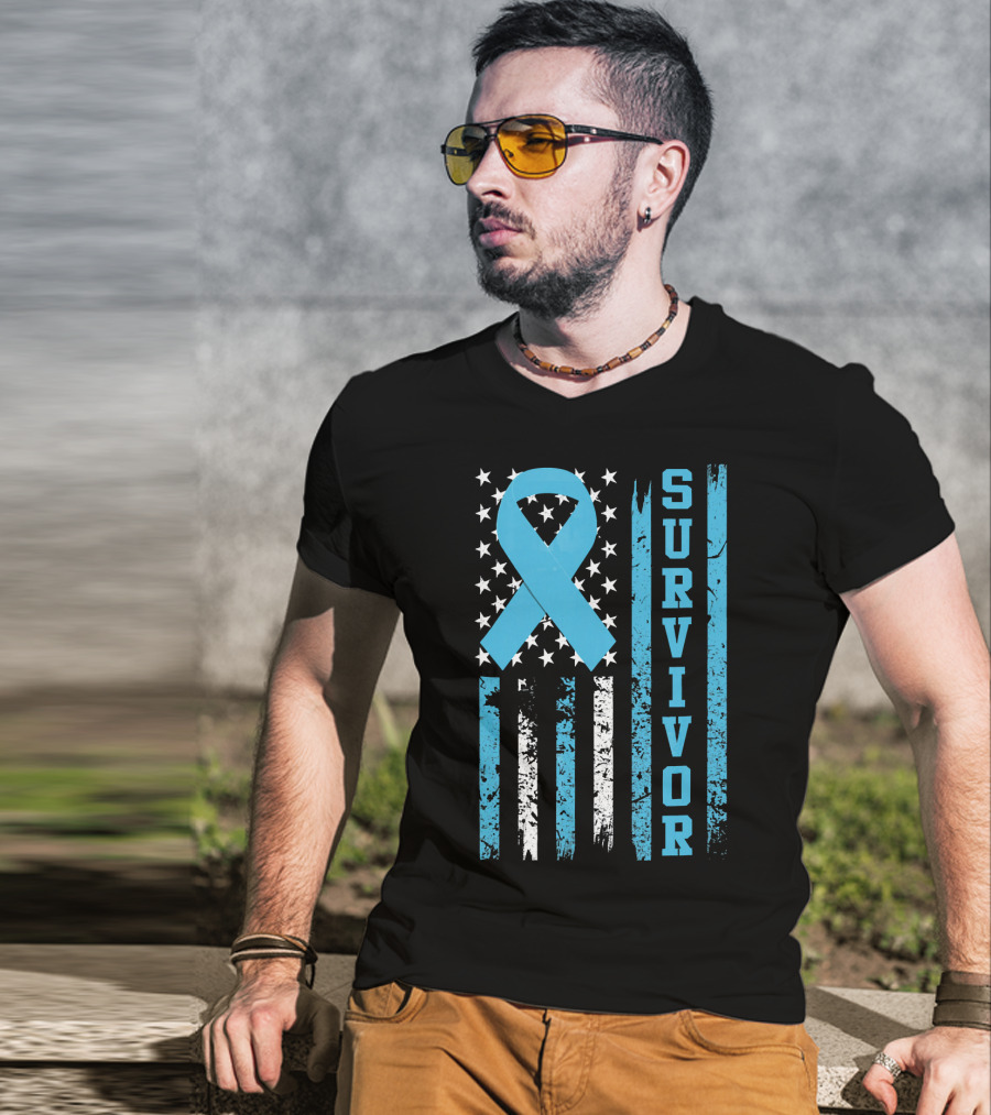 Survivor Blue Ribbon American Flag Prostate Cancer T-Shirt
