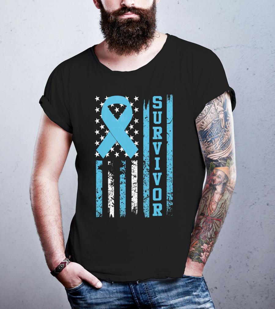 Survivor Blue Ribbon American Flag Prostate Cancer T-Shirt