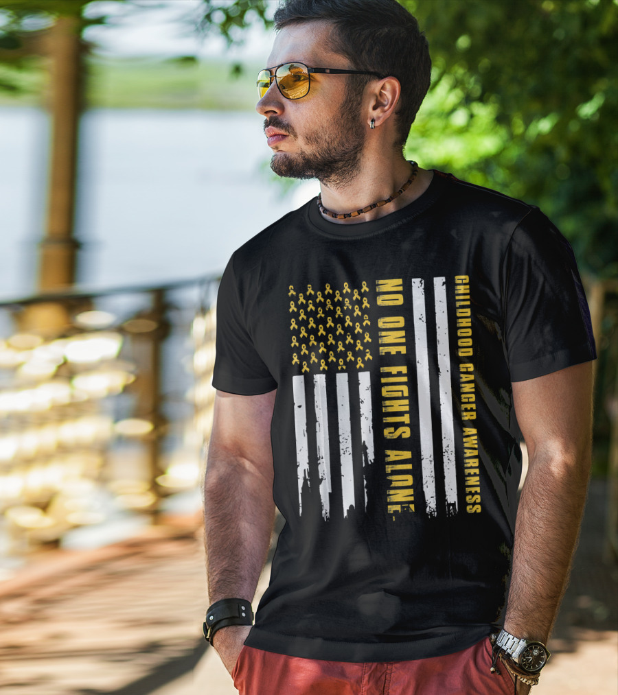 No One Fights Alone USA Flag Childhood Cancer Awareness T-Shirt