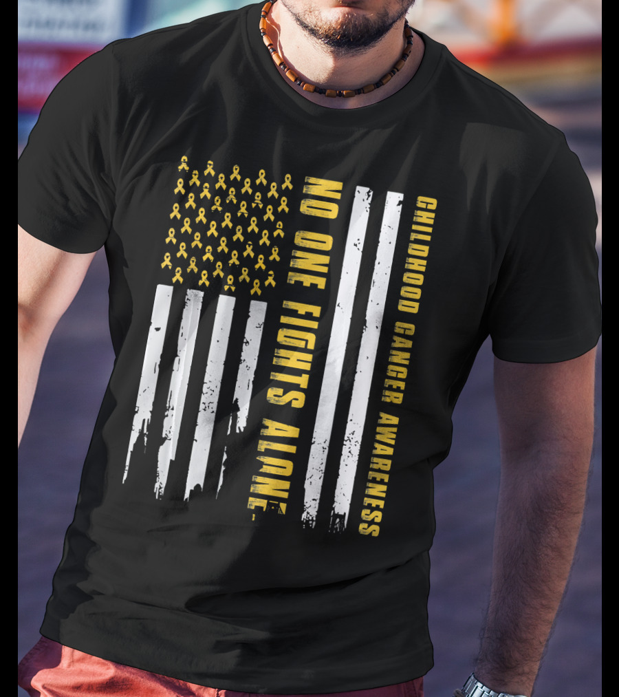 No One Fights Alone USA Flag Childhood Cancer Awareness T-Shirt