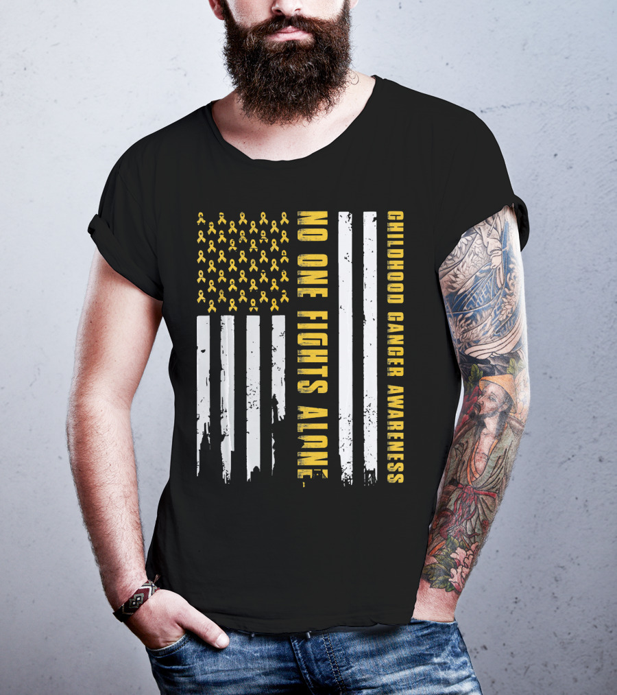 No One Fights Alone USA Flag Childhood Cancer Awareness T-Shirt